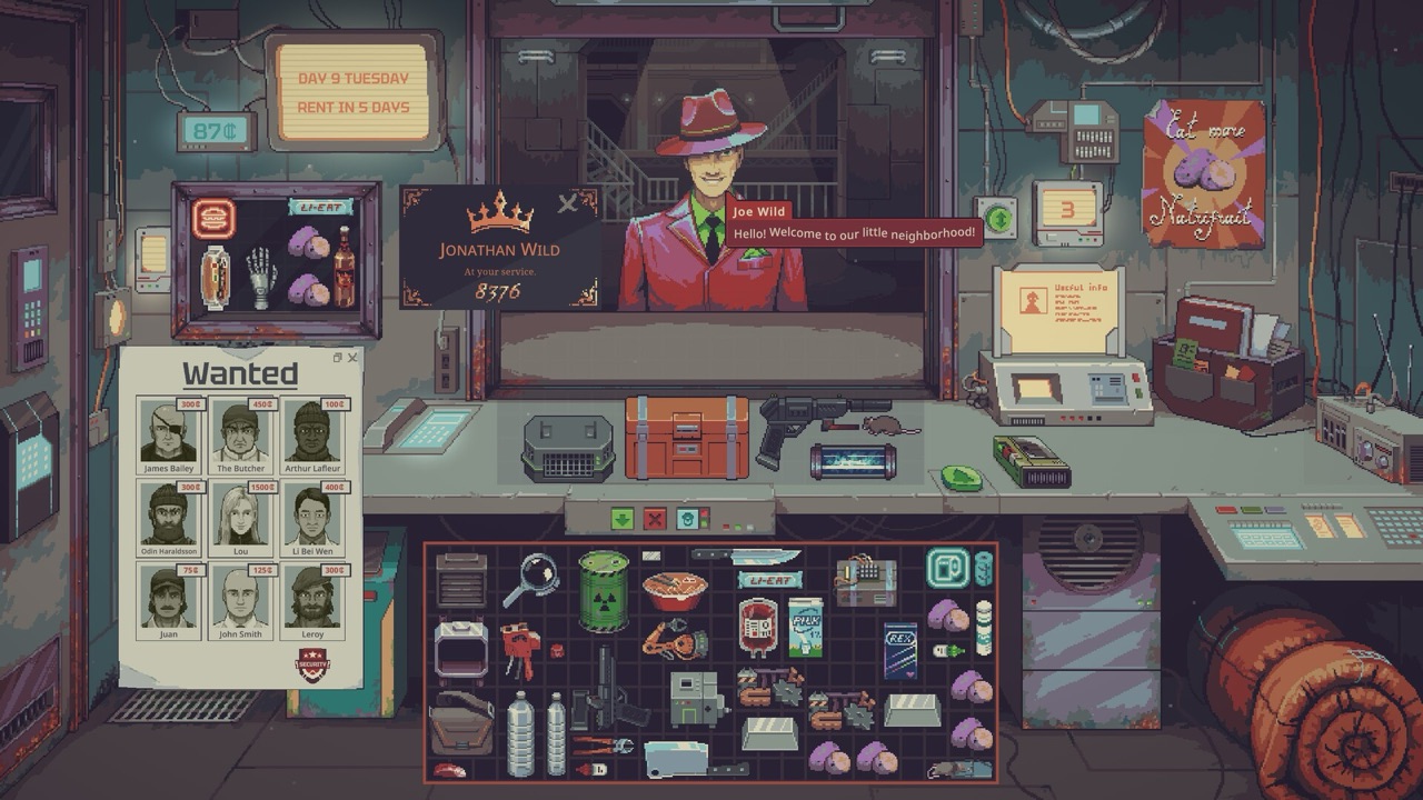 Probably Stolen pawnshop counter with a customer, inventory, rent timer and wanted board